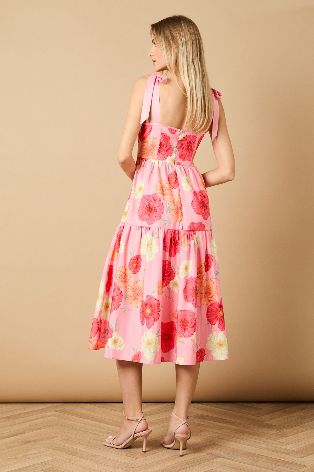 Oasis Corset Detail Bow Tie Strap Midi Dress Pink image 5