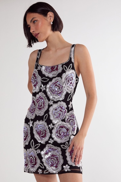 NastyGal Beaded Flower Sequin Mini Dress Black