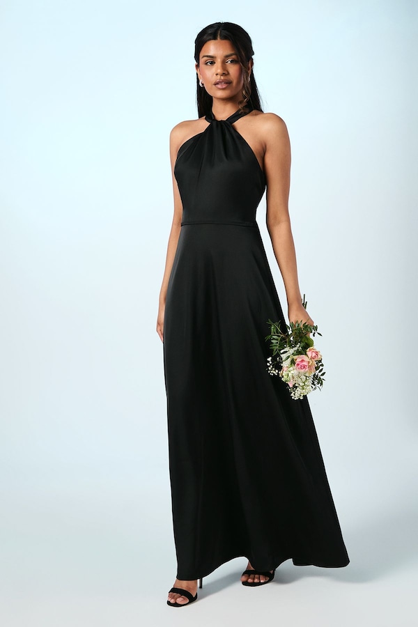 Coast Coast Honoured Petite Twist Halterneck Satin Maxi Bridesmaid Dress Black