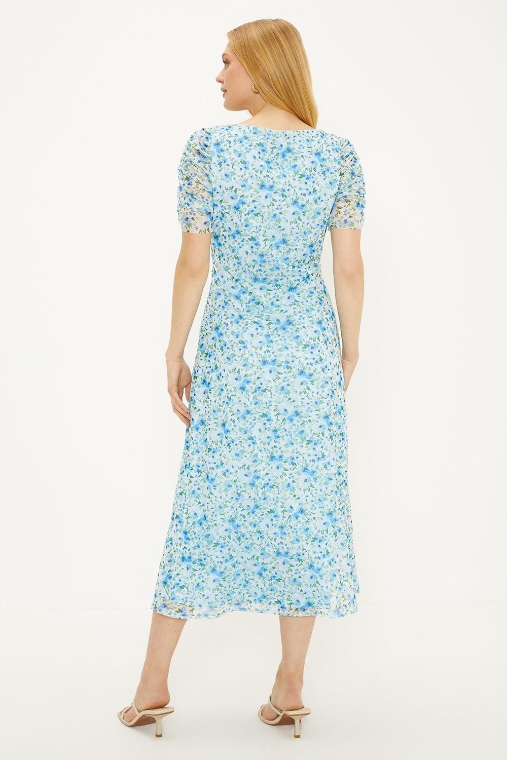 Oasis Ditsy Floral Printed Mesh Ruched Sleeve Midi Dress Floral image 3