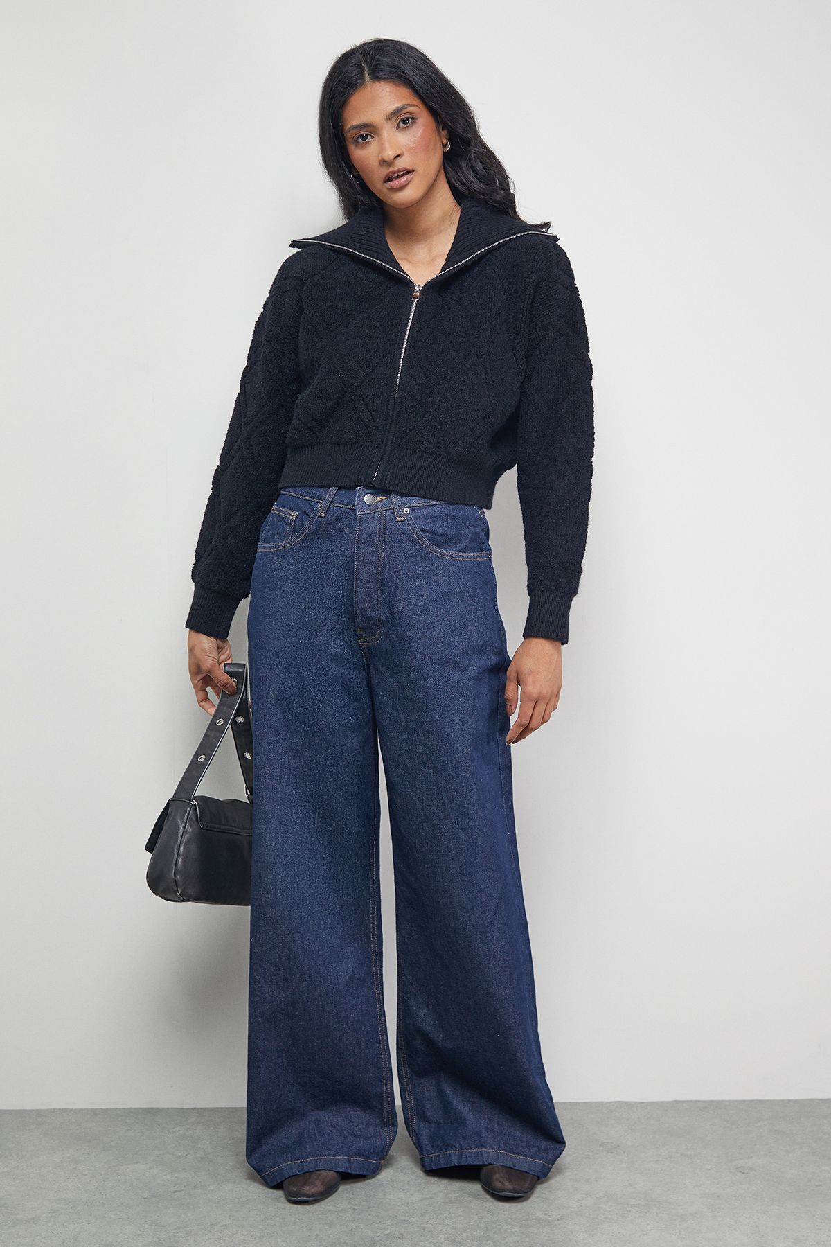 Warehouse Zip Up Chunky Knitted Bomber Black image 2