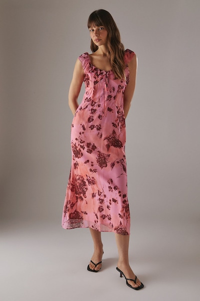 Warehouse Floral Chiffon Ruffle Double layer Midi Dress Pink