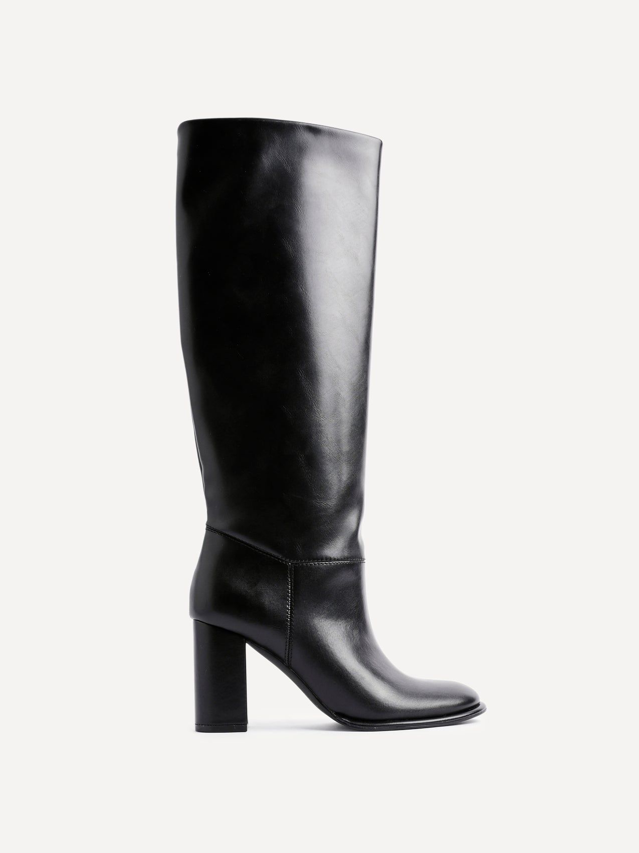 Linzi Cole Black Faux Leather Pull-On High Leg Block Heeled Boots