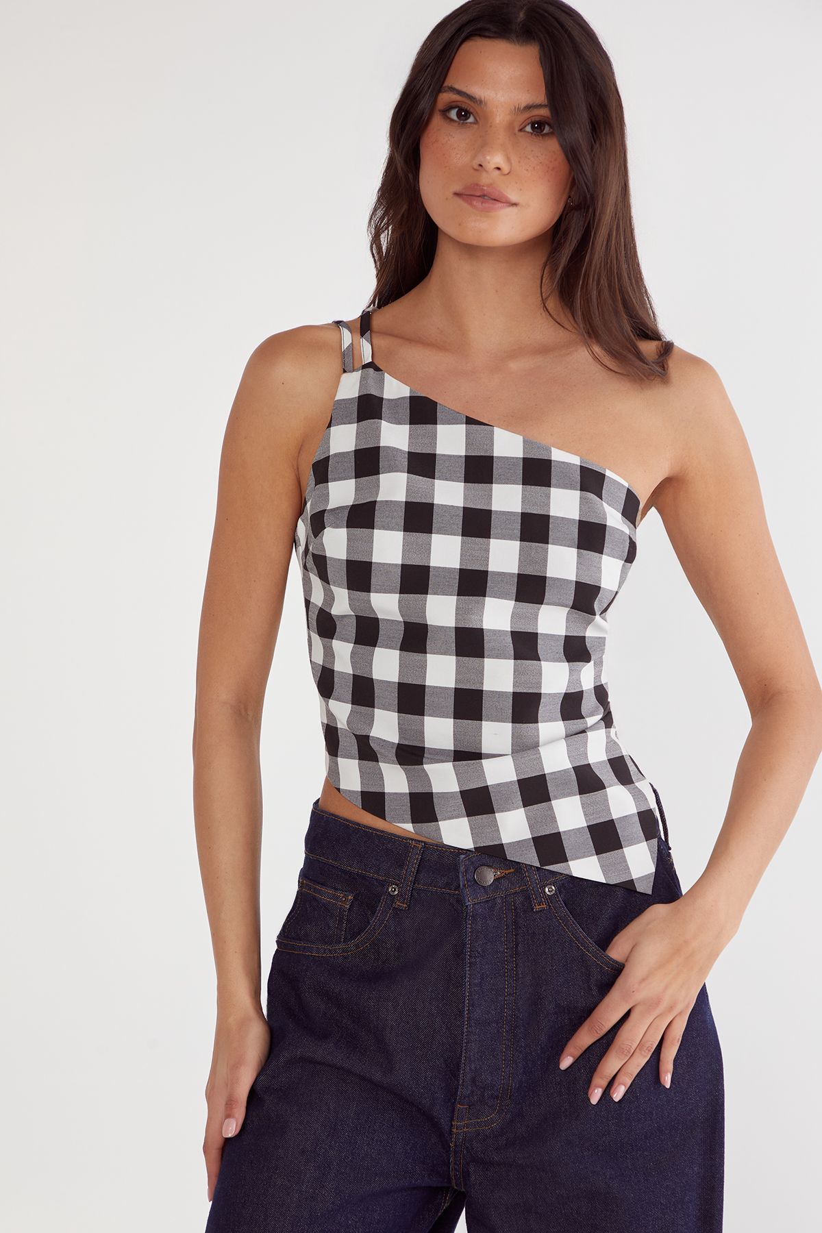NastyGal Gingham Tailored Asym Neck Top Mono image 2