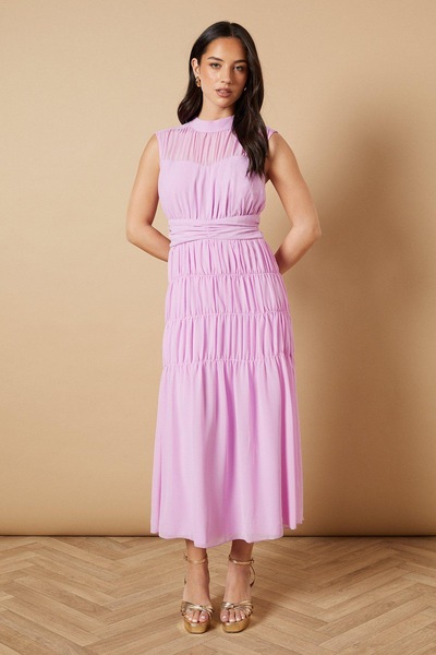 Oasis High Neck Occasion Ruched Chiffon Midi Dress Peach