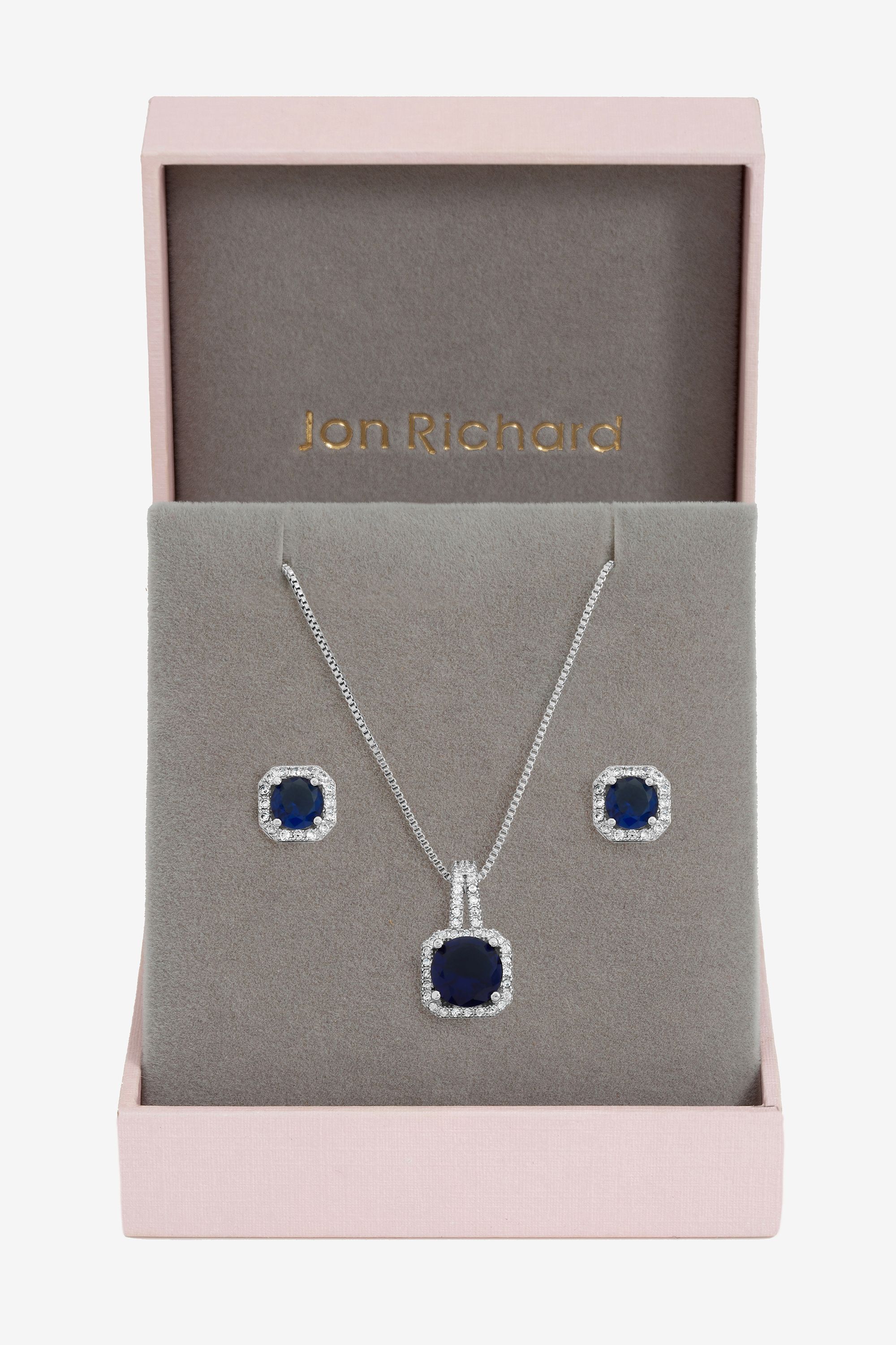 Jon Richard Rhodium Plated Cubic Zirconia and Sapphire Square Drop Set - Gift Box