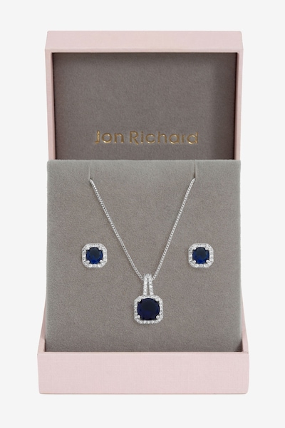 Jon Richard Rhodium Plated Cubic Zirconia and Sapphire Square Drop Set - Gift Box