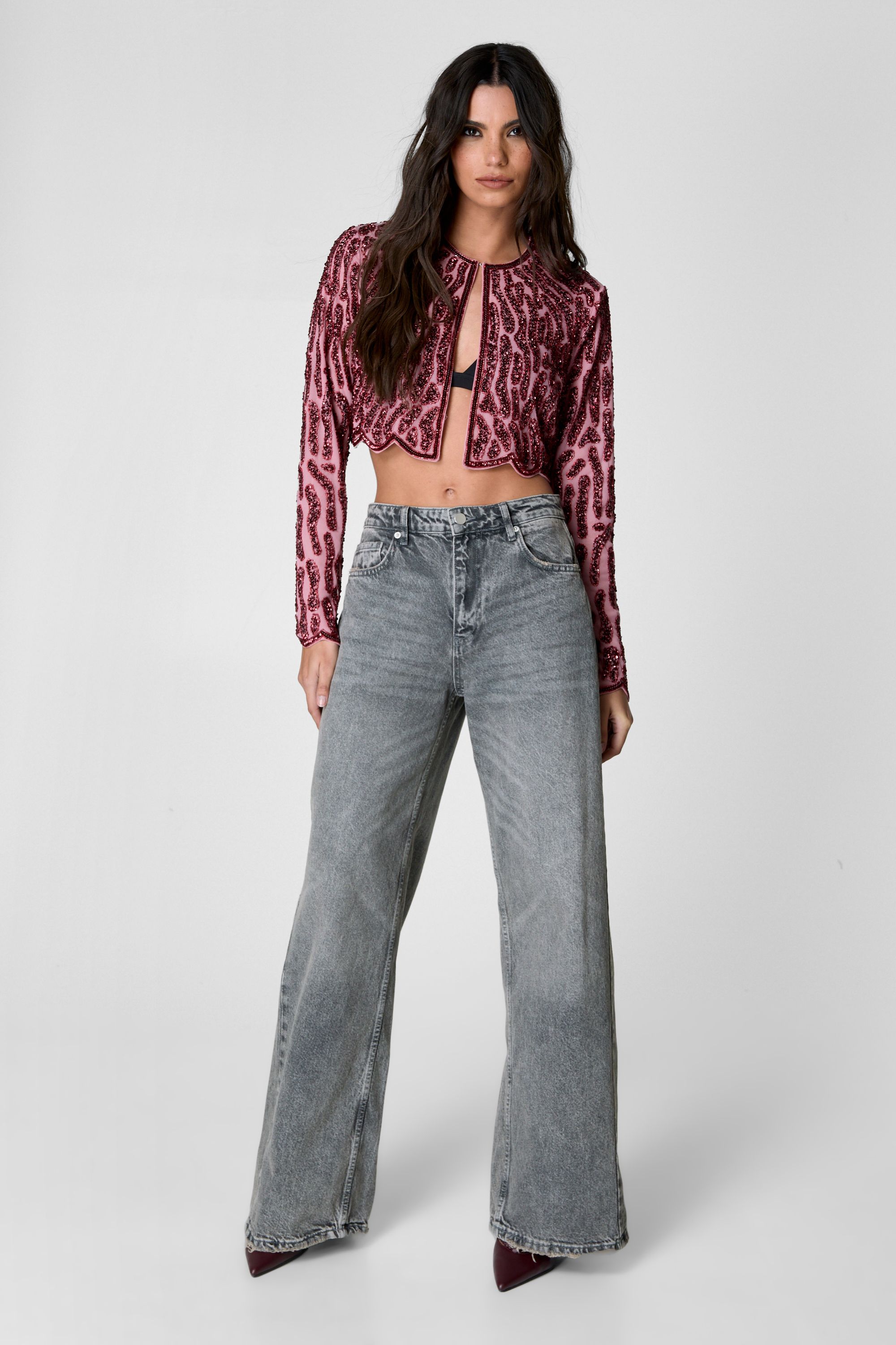 NastyGal Zebra Hand Embellished Two Tone Scallop Jacket Pink image 3