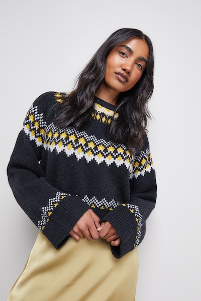 Warehouse Oversized Fairisle Jumper Black
