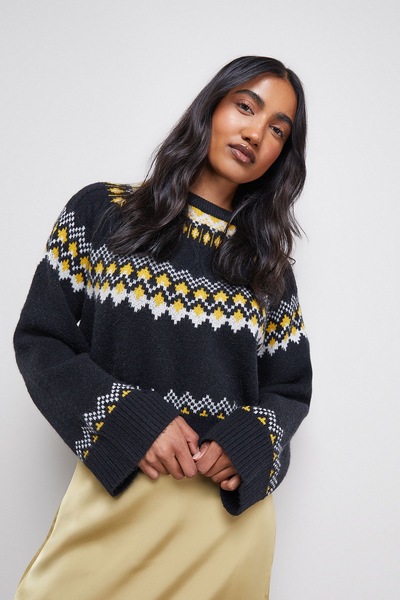 Warehouse Oversized Fairisle Jumper Black