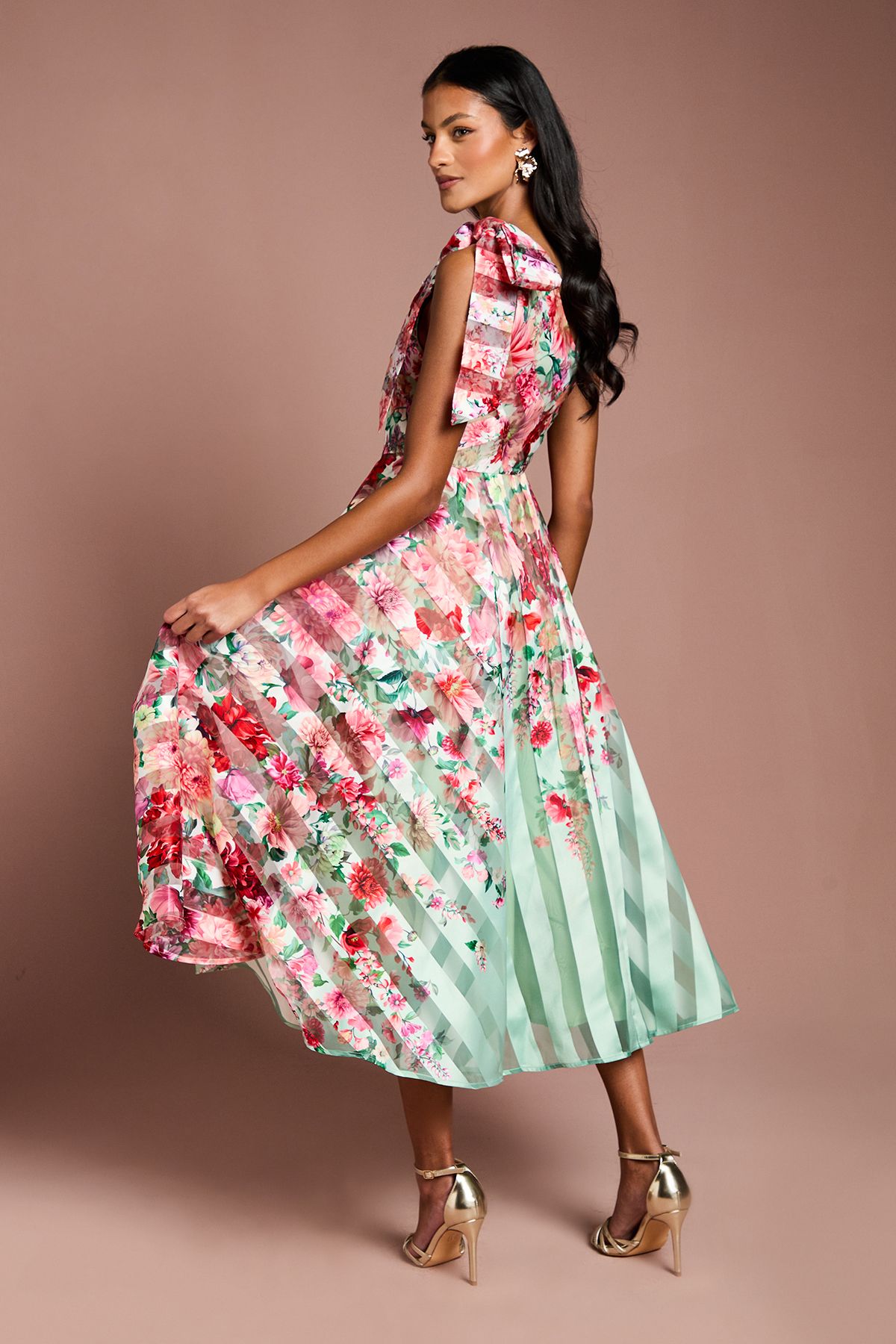 Coast Petite Printed Stripe Organza One Shoulder Midi Dress Sage image 3