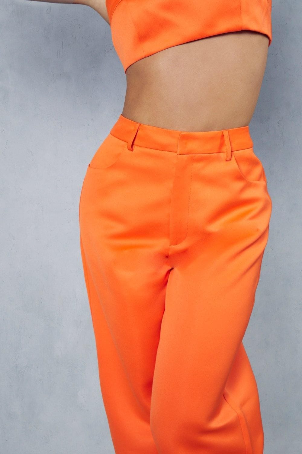 MissPap Premium Tailored Satin High Waisted Wide Leg Trousers Orange image 3