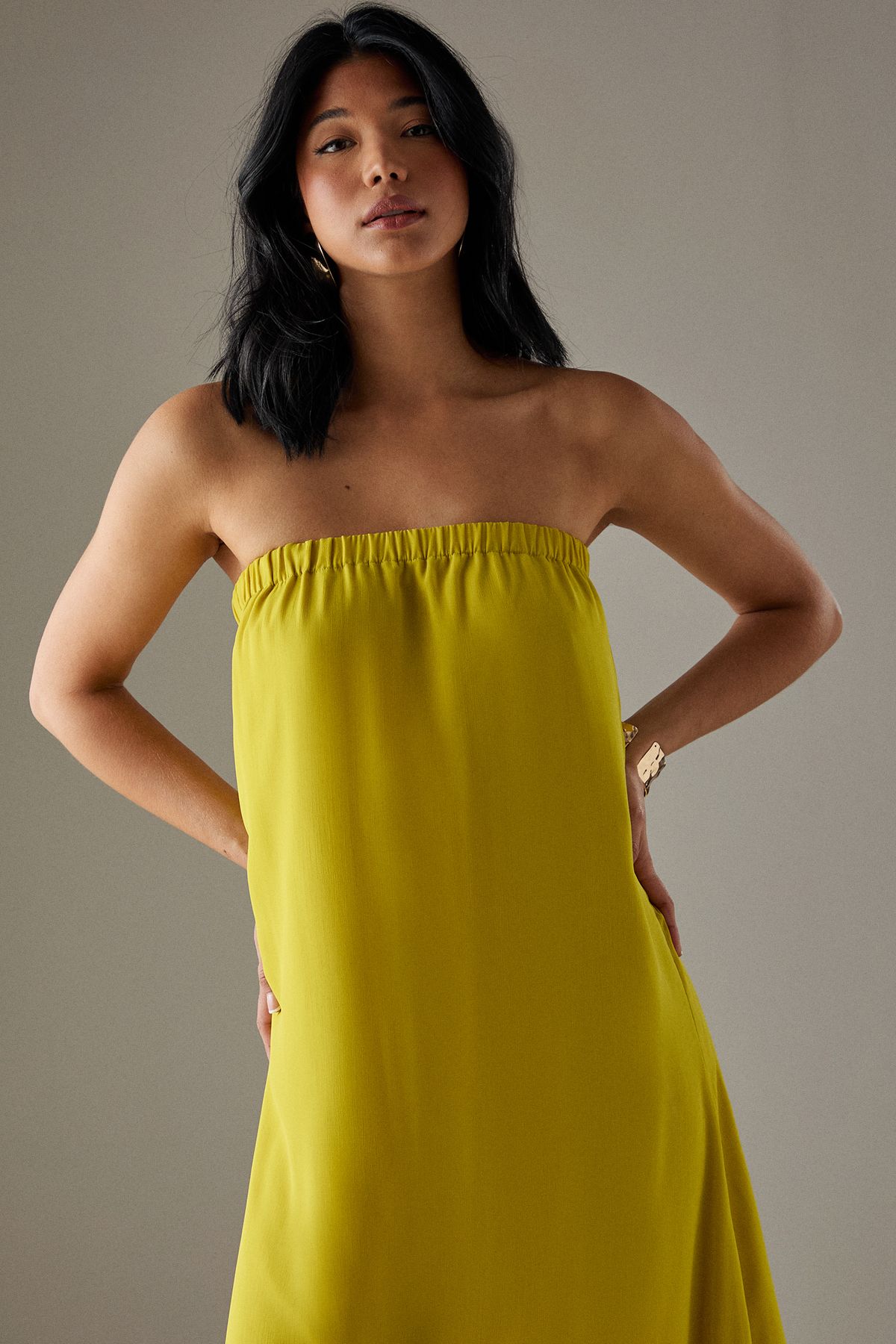 Warehouse Yoryu Chiffon Elasticated Back Bandeau Maxi Dress Chartreuse image 3