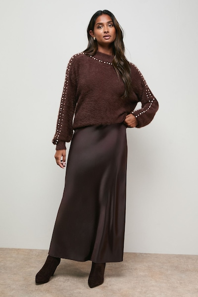 Oasis Pearl Embellished Cable Knit High Neck Eyelash Jumper Chestnut
