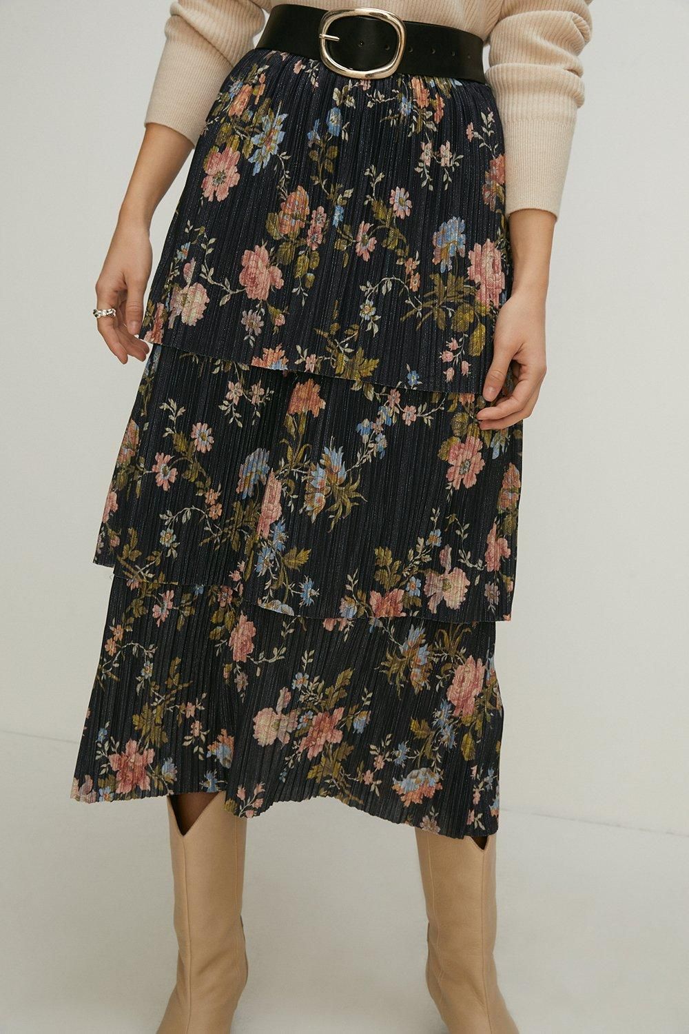 Oasis Floral Metallic Plisse Tired Midi Skirt Multi image 2