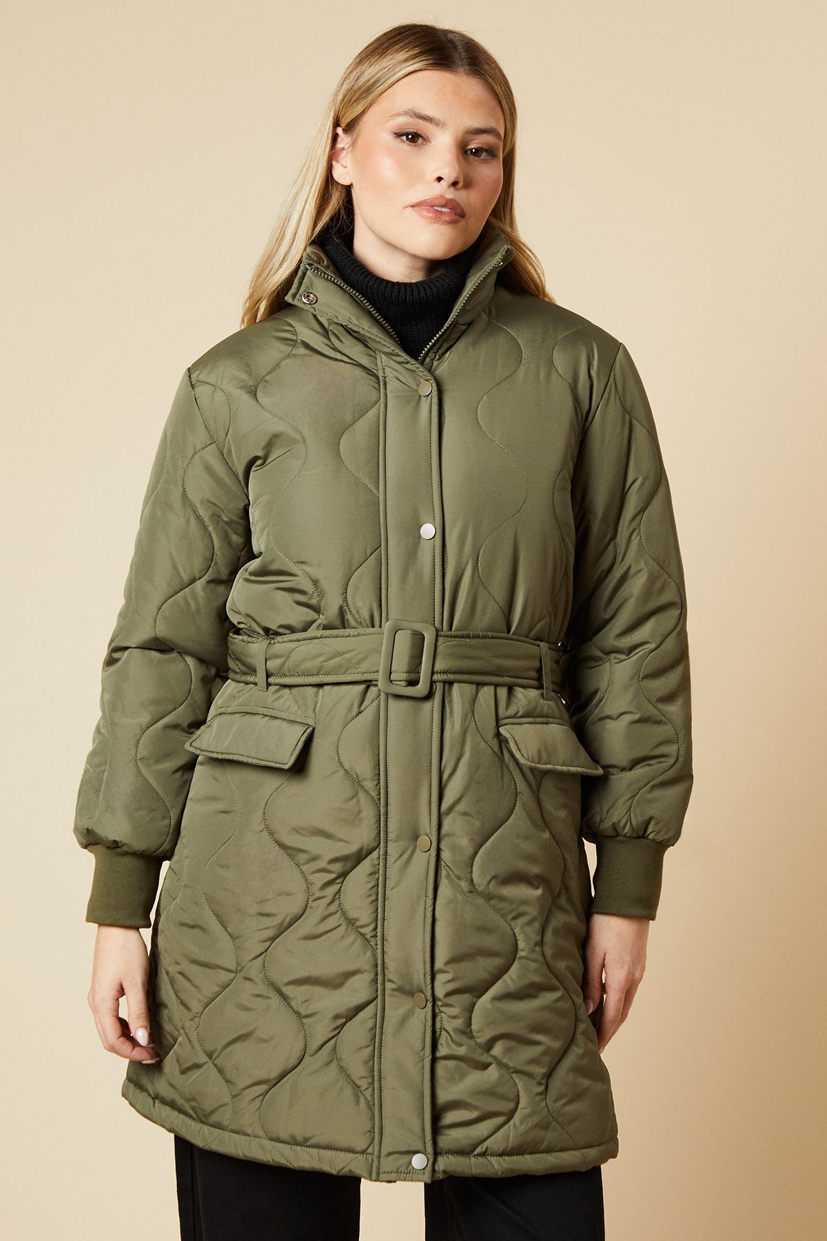 Dorothy Perkins Self Covered Button Quilted Padded Puffer Midi Coat Khaki image 1