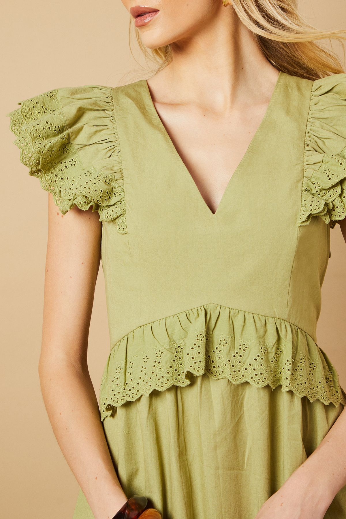 Oasis Broderie Panel Ruffle Maxi Dress Khaki image 5