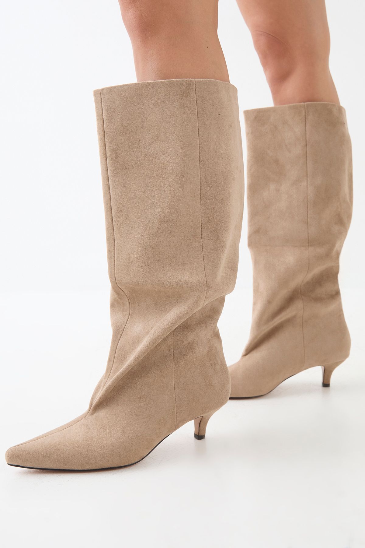 MissPap Low Stiletto Faux Suede Slouch Knee High Boots Taupe image 1