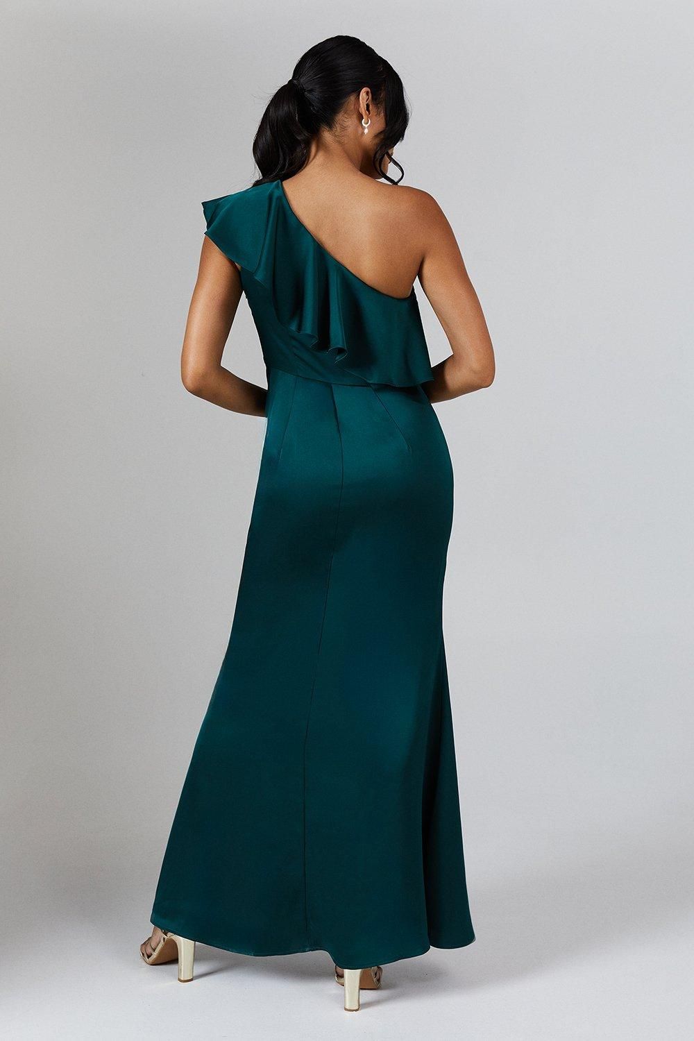 Coast Ruffle One Shoulder Satin Maxi Bridesmaids Dress Emerald image 3