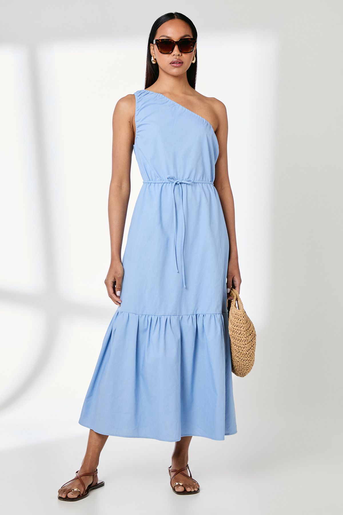 Principles One Shoulder Tiered Linen Mix Midaxi Dress Blue image 1