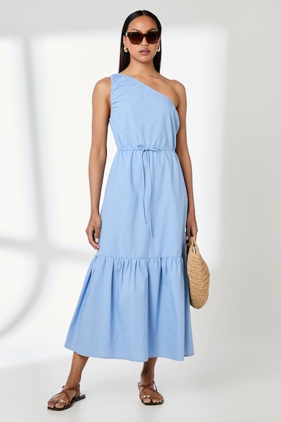 Principles One Shoulder Tiered Linen Mix Midaxi Dress Blue