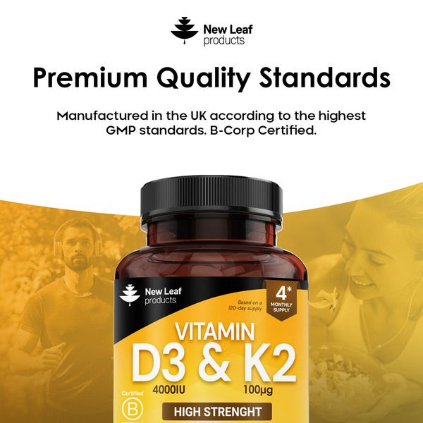 New leaf health Vitamin D3 K2, Vitamin D3 4000iu + Vitamin K2 100mcg, Supports Immunity, Calcium Absorption and Bone Health 120 Vegetarian Tablets image 5
