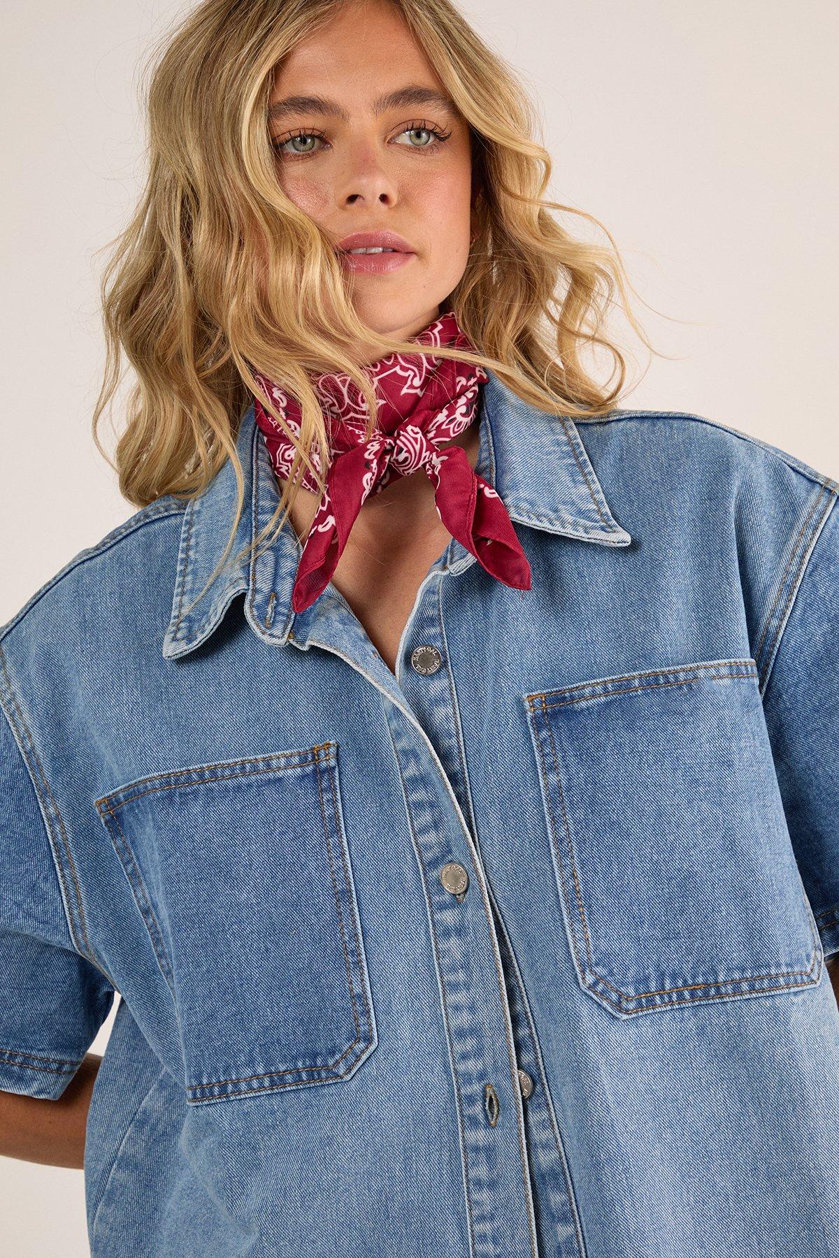 NastyGal (AZ) Denim Short Sleeve Oversized Shirt Vintage Wash image 5