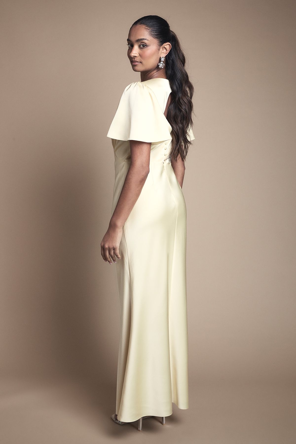 Oasis Deep V Fluted Sleeve Maxi Bridesmaid Dress Butter image 3