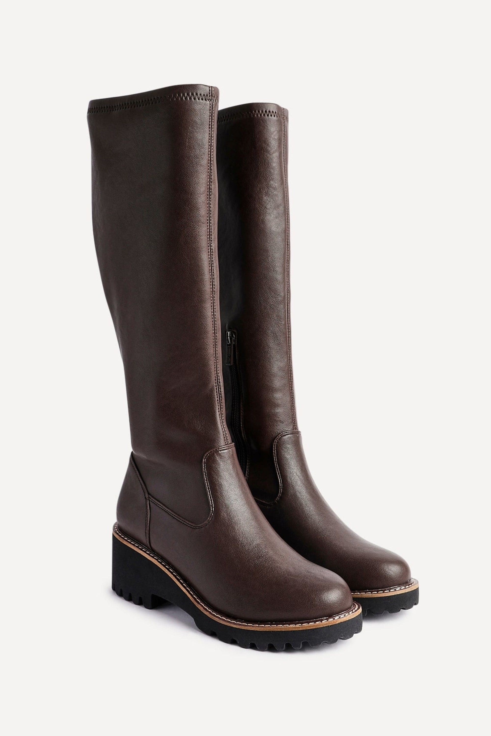 Linzi Resist Brown Faux Leather Stretch Wedge High Leg Boot image 5