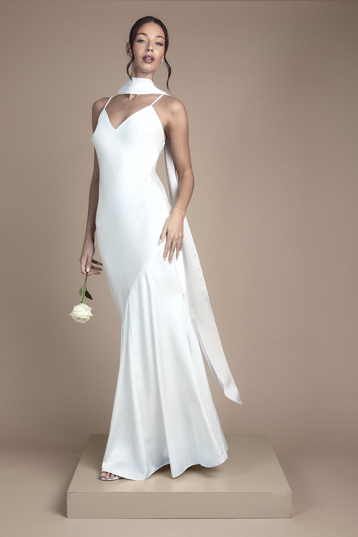 Oasis Strappy V Neck Maxi Wedding Dress With Scarf Ivory image 1