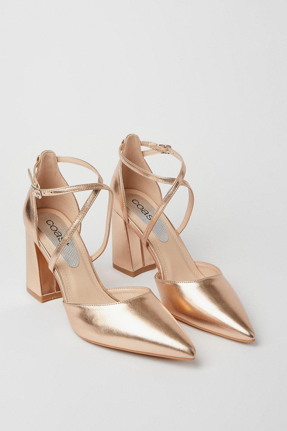 Coast Treat Faux Leather  Cross Strap Pointed Block Heel Court Shoes Rose Gold image 3