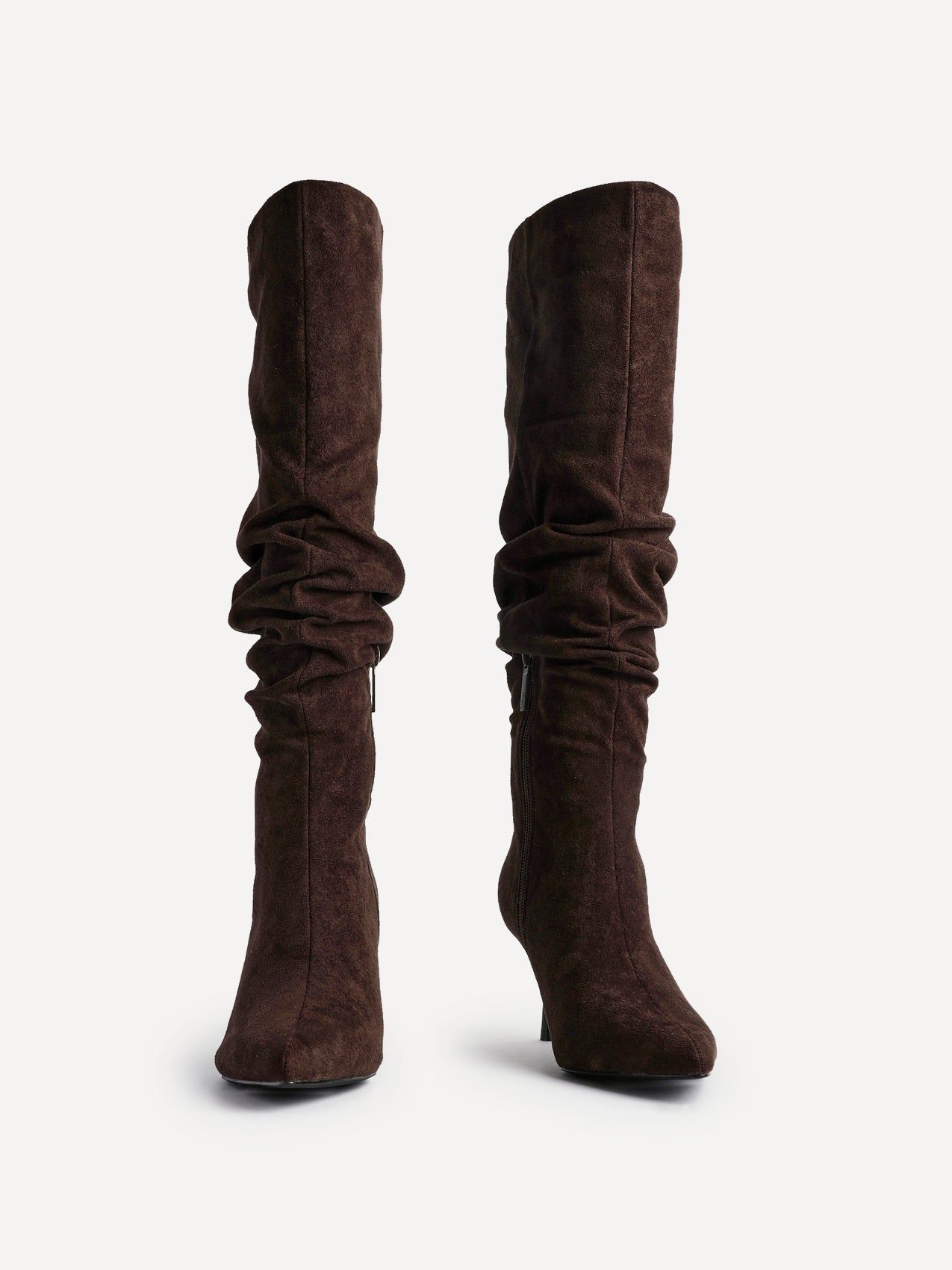 Linzi Rosenna Brown Faux Suede Ruched High Leg Heeled Boot image 3