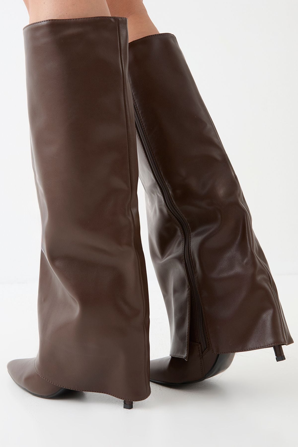 MissPap Faux Leather Foldover High Stiletto Knee High Boots Chocolate image 3
