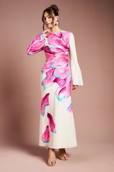 Coast Flare Sleeve High Neck Satin Maxi Dress Pink