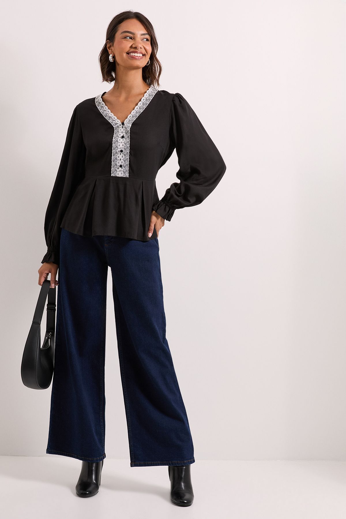 Dorothy Perkins Lace Trim Blouson Sleeve Peplum Top Black image 2