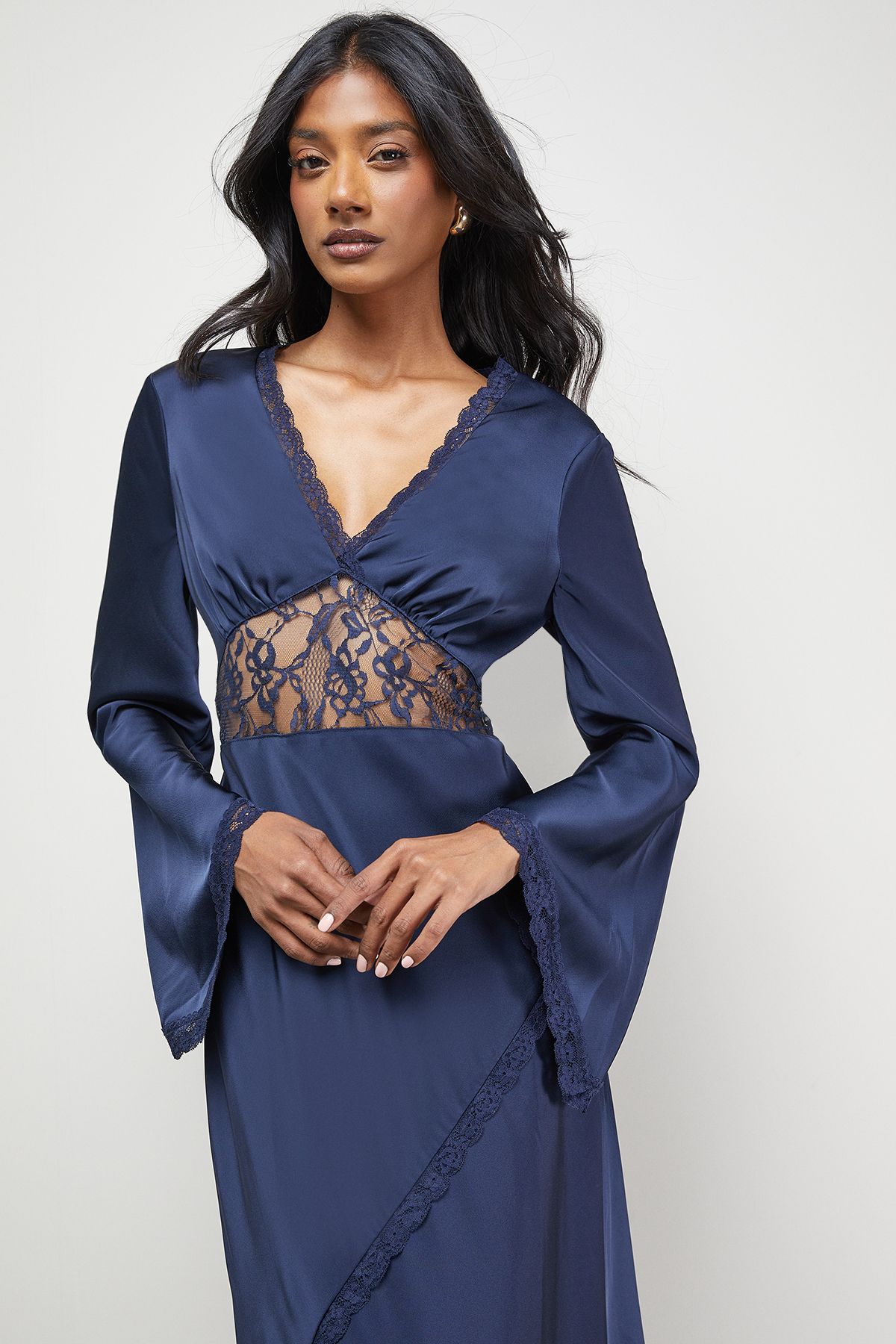 Warehouse Satin Lace Insert Flute Sleeve Midi Dress Navy image 2