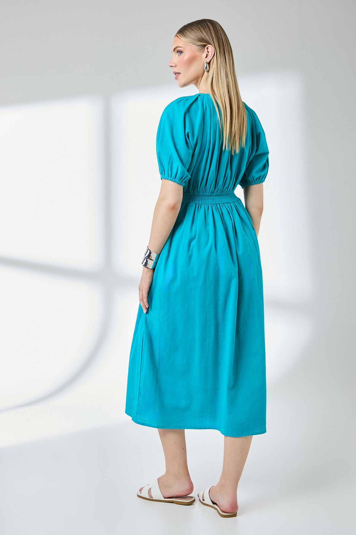 Principles Puff Sleeve Waistband Detail Midi Dress Aqua image 3