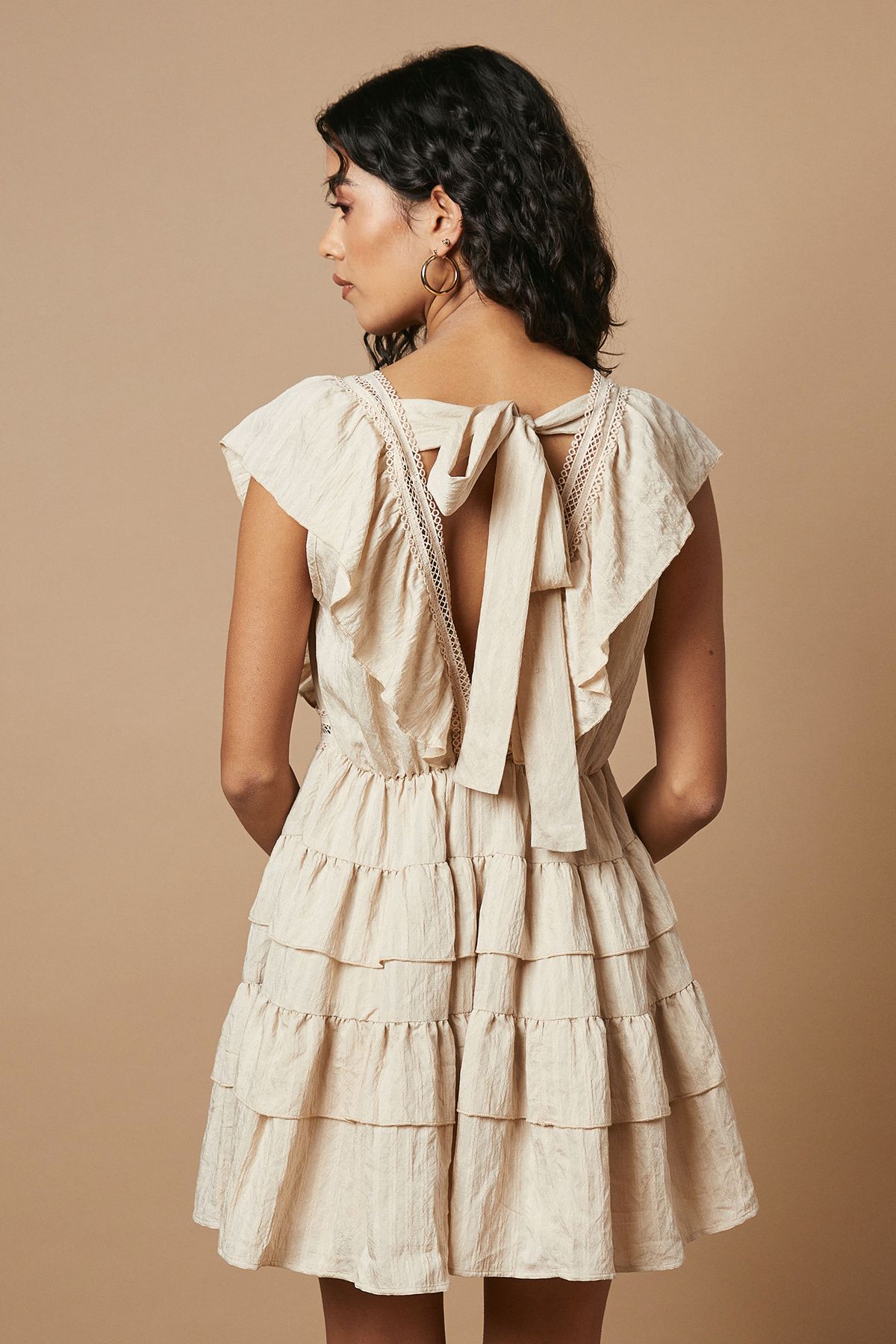 Oasis Petite Tiered Lace Insert Mini Dress Beige image 3