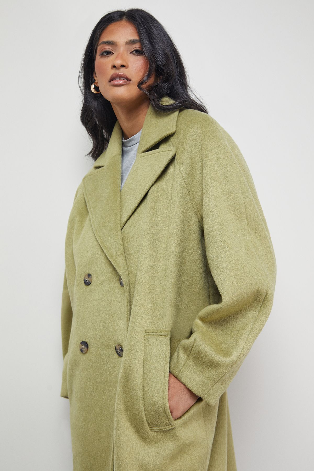 Warehouse Oversized Pleat Back Detail Maxi Coat Green image 2