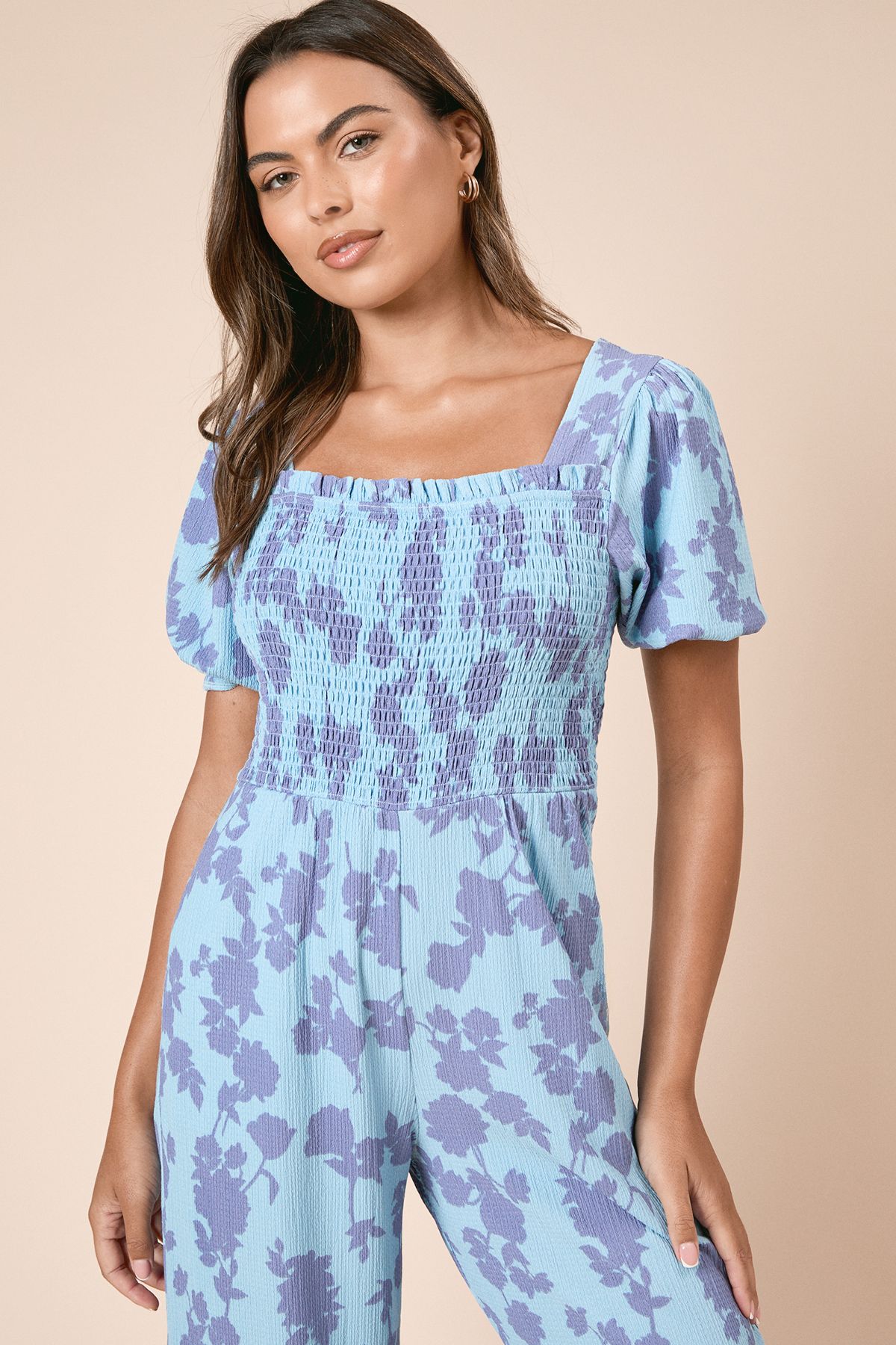 Dorothy Perkins Blue Floral Shirred Bodice Puff Sleeve Jersey Jumpsuit Blue image 4