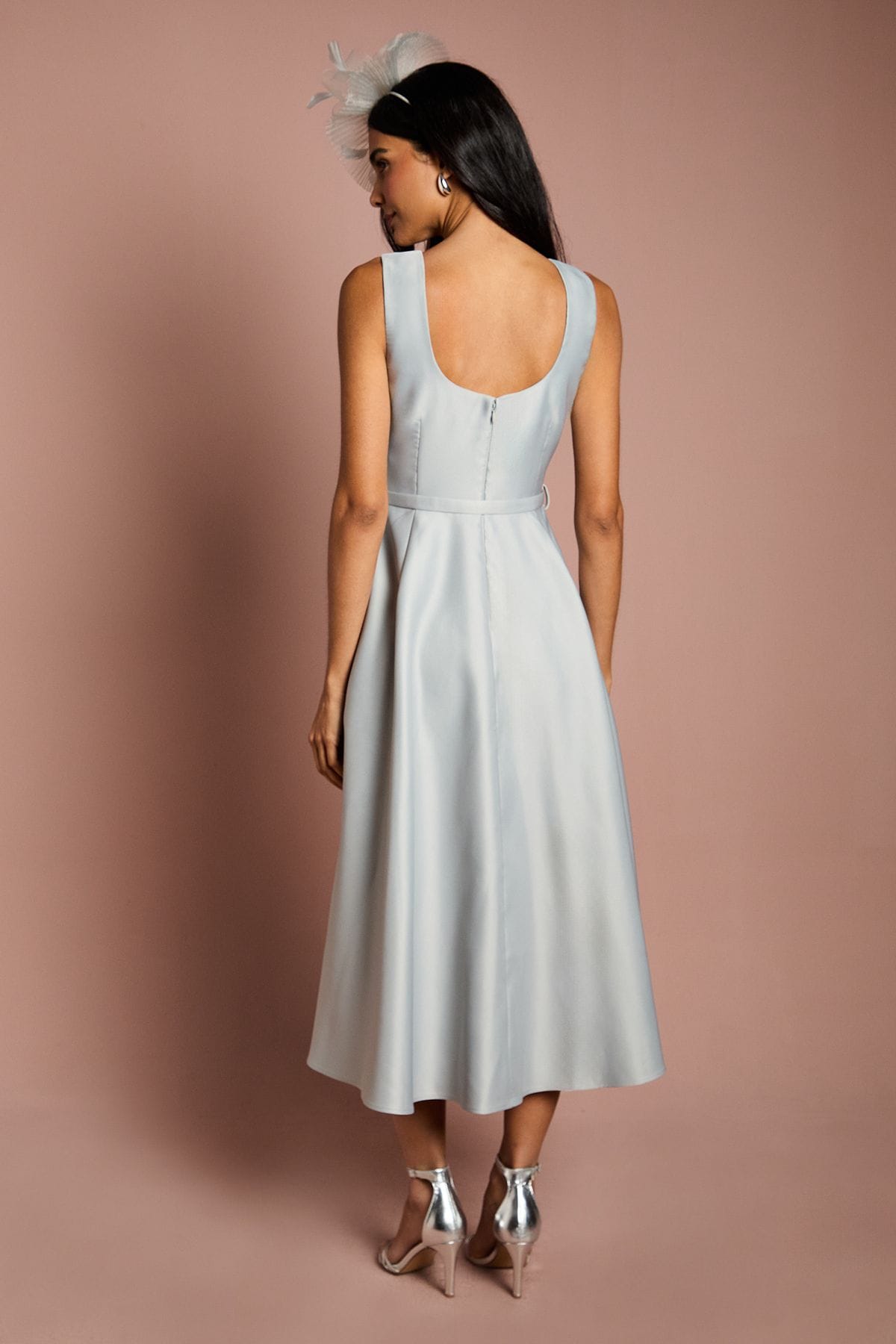 Coast Structured Satin 3D Corsage Midi Dress Silver image 3