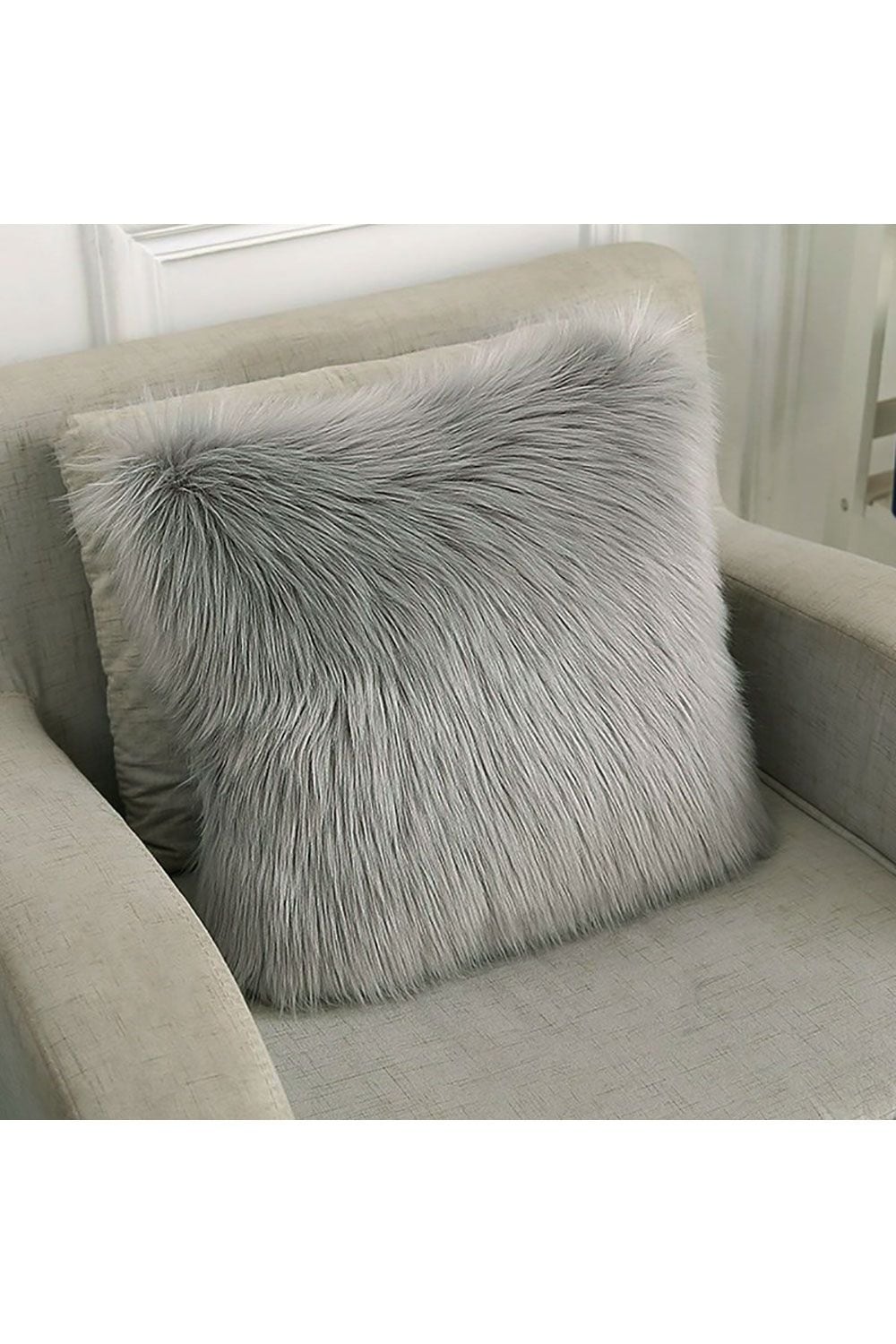 Living and Home 45*45cm Fluffy Faux Wool Grey Cushion Cover image 2