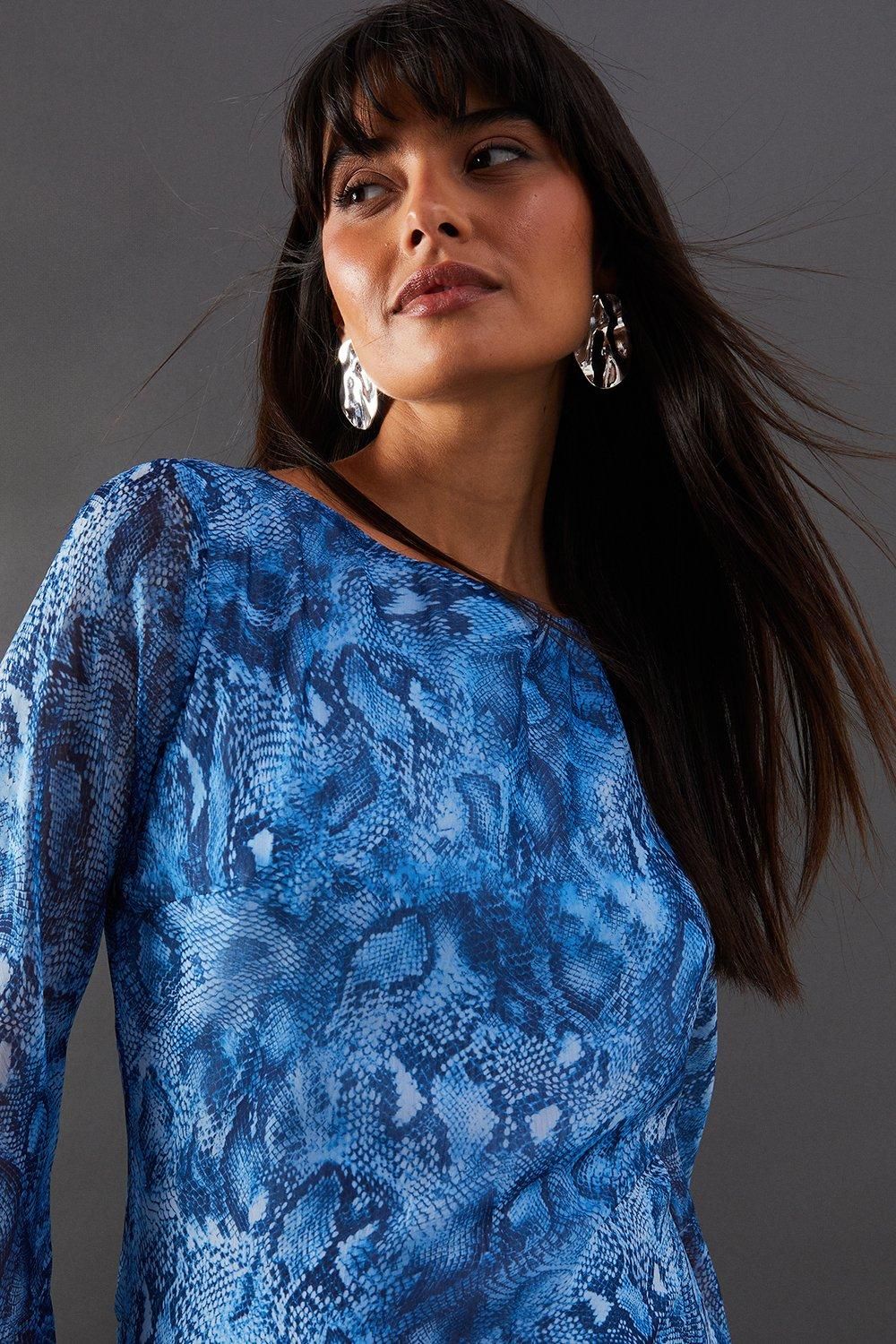 Warehouse Chiffon Snake Print Asymmetric Hem Flute Sleeve Midi Dress Blue image 2