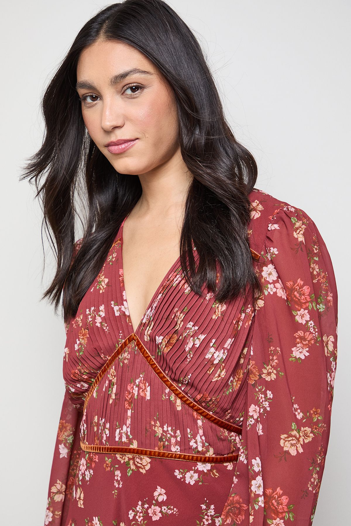 Oasis Printed Pleated Bodice Detail Midi Dress Rust image 4