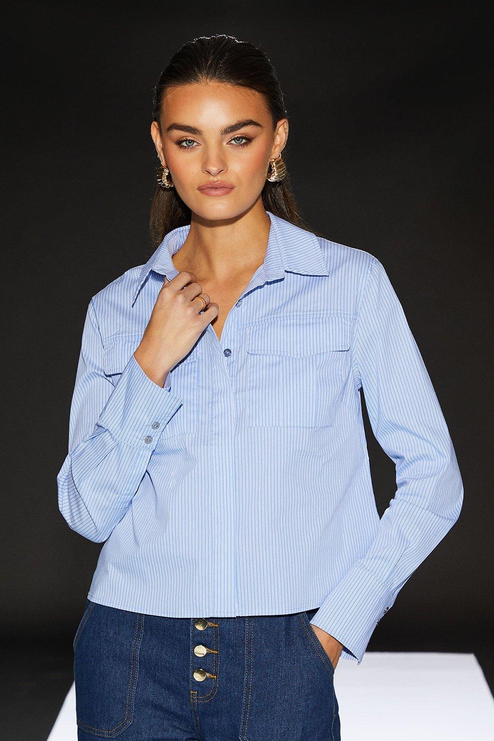 RUNWAY 1.8.1.8 Runway 1.8.1.8 Stripe Poplin Cropped Boxy Utility Shirt Blue image 1