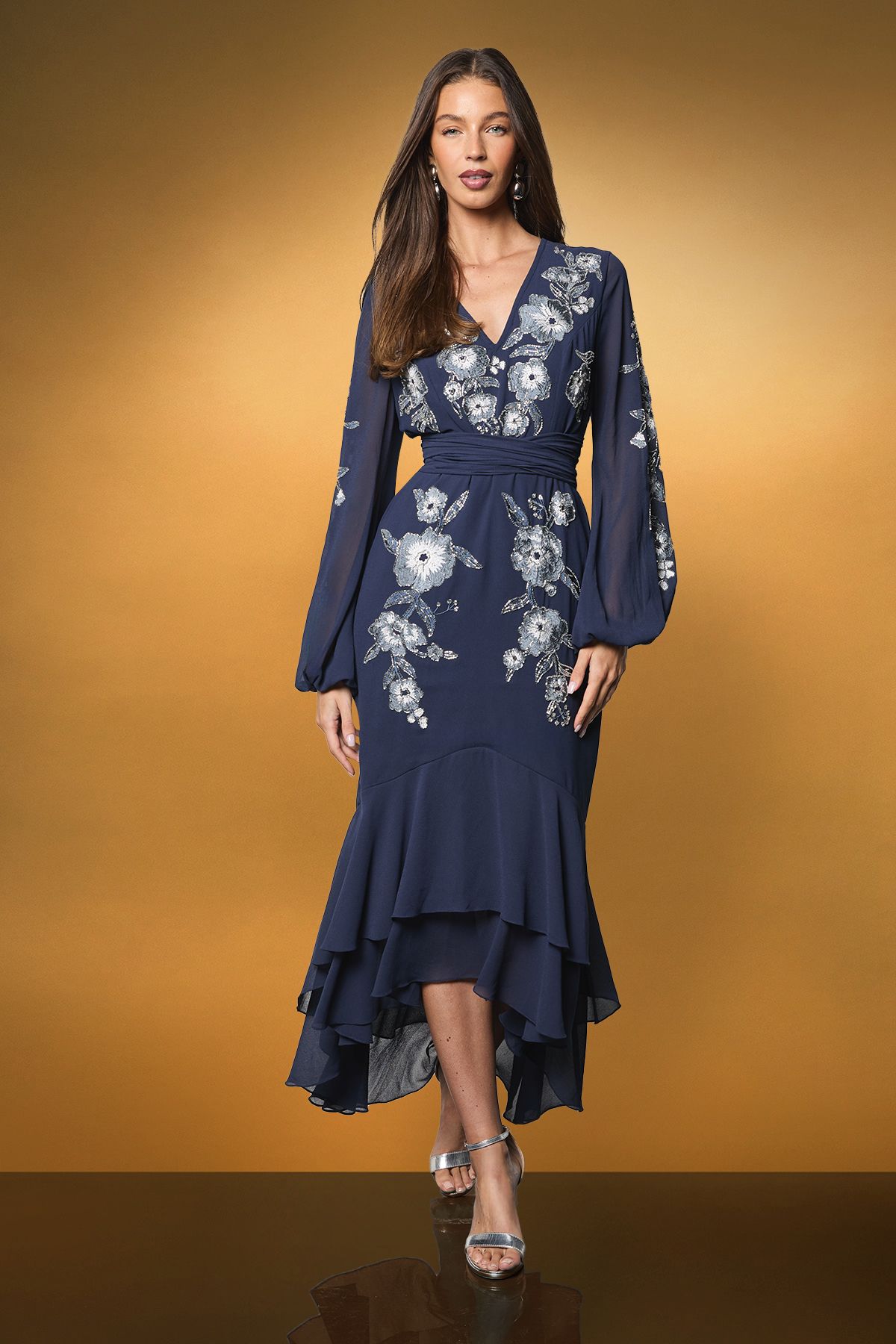 Coast Sequin Embellished And Embroidered High Low Maxi Dress Navy image 1