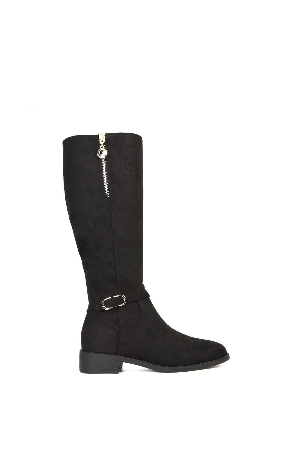 XY London 'Georgina' Knee High Boots Low Heel Zip Up Calf Riding Biker With Ankle Strap
