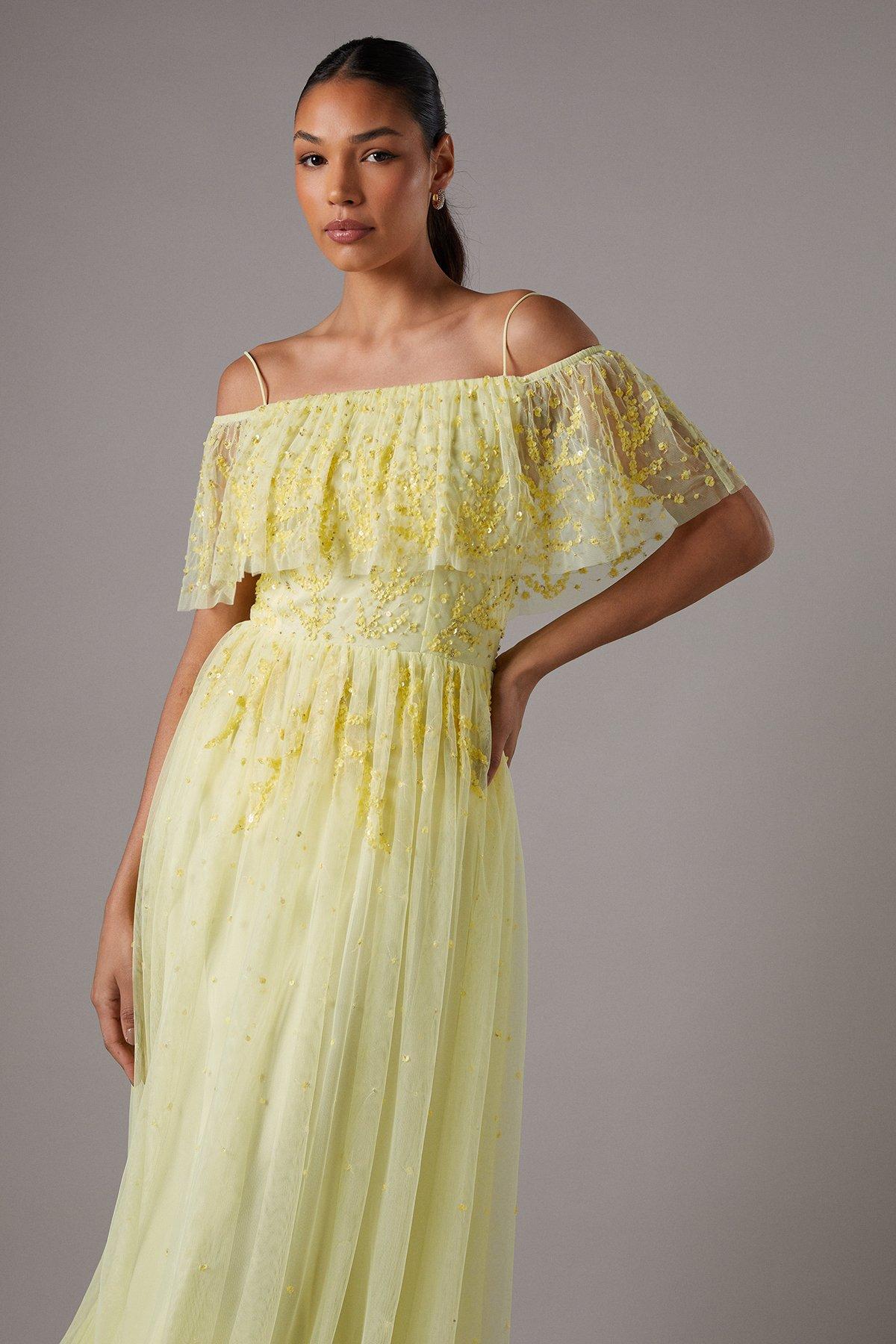 Coast Sequin Mesh Midi Dress With Flutter Sleeves Lemon image 2