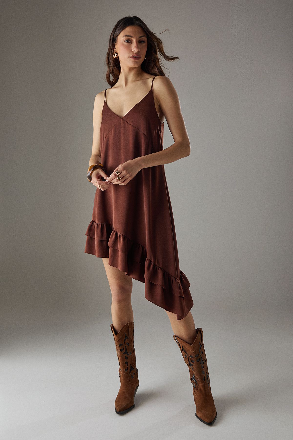 Warehouse Satin Asymmetric Ruffle Mini Strappy Dress Chocolate image 1