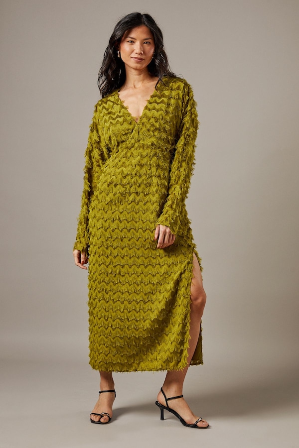 Warehouse Fluffy Plunge Neck Batwing Midi Dress Chartreuse
